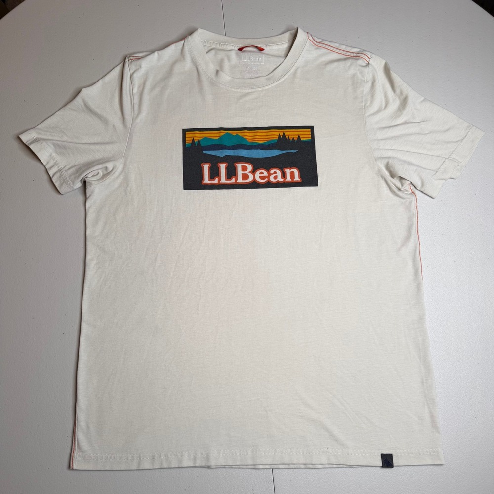 L.L. Bean Mens Graphic Logo T-Shirt Medium Cream Mountain Short‎ Sleeve